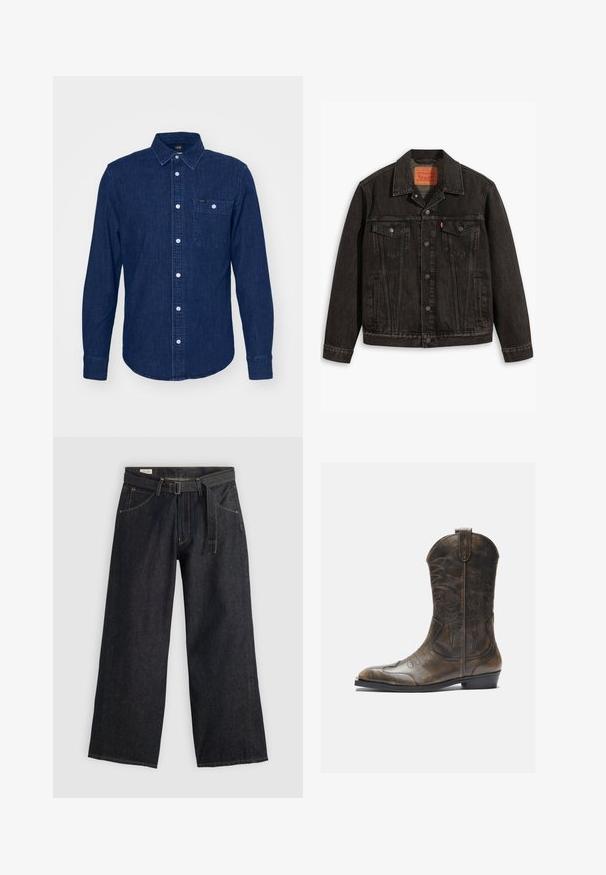 Czarna kurtka dżinsowa o klasycznym kroju, z dwoma kieszeniami na piersi, zapięciem na guziki i ostrym kołnierzykiem. Teksturowana tkanina z detalami w postaci przeszyć.; Lee - Koszula; Ciemnoniebieskie spodnie o szerokich nogawkach z paskiem w talii, z kieszeniami z przodu i kontrastowym przeszyciem. Gładka tekstura z minimalistycznym wzornictwem.; Brązowy skórzany kowbojski but z wysoką cholewką, spiczastym noskiem, skomplikowanymi wzorami haftu i małym obcasem. Teksturalne wykończenie na całej powierzchni.