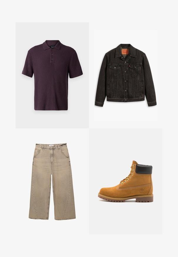 Černá džínová bunda s klasickým designem, která obsahuje dvě náprsní kapsy, zapínání na knoflíky a špičatý límec. Texturovaná látka se švy.; Abercrombie & Fitch Polotričko - plum perfect; PULL&BEAR MEGA BAGGY - Baggy džíny - light grey; Hnědé semišové kotníkové boty s černým polstrovaným límcem, zlatými kovovými očky, bílým prošíváním a odolnou gumovou podrážkou s výraznými drážkami.