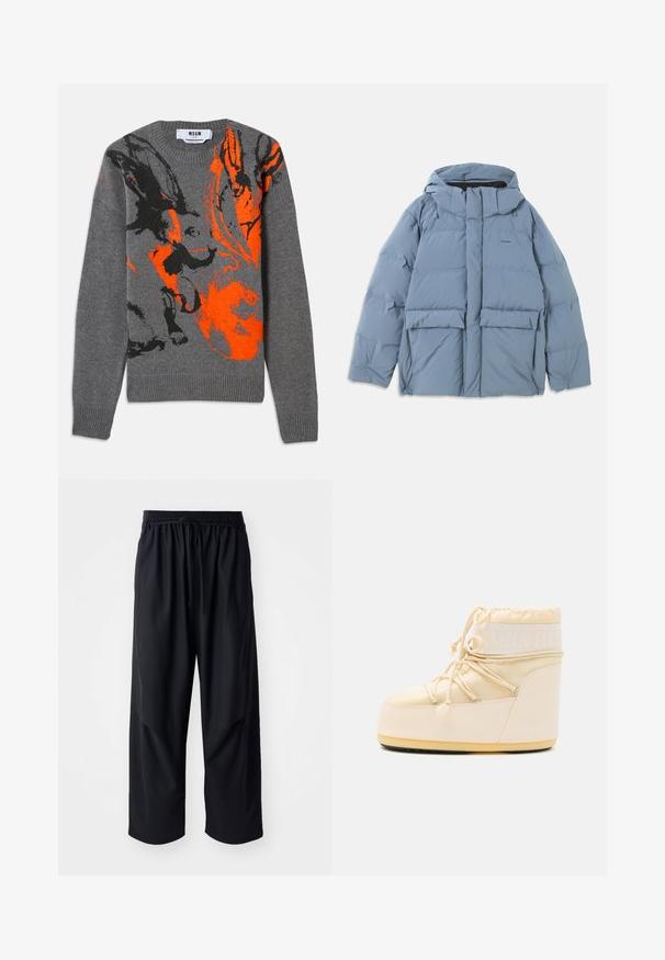 Doudoune bleu clair avec capuche, dotée d'une fermeture éclair à l'avant, de deux grandes poches avant et d'une texture lisse et matelassée.; Pull en tricot gris avec un design abstrait contrasté en orange et noir. Encolure ronde et poignets et ourlet côtelés. Texture douce.; Henrik Vibskov DRAWSTRING PANTS - Pantalon classique - tropical black; Botte de lune beige clair avec un bout rond, une fermeture à cordon de serrage et une semelle en caoutchouc texturé. Comprend un logo blanc et des matériaux synthétiques lisses.