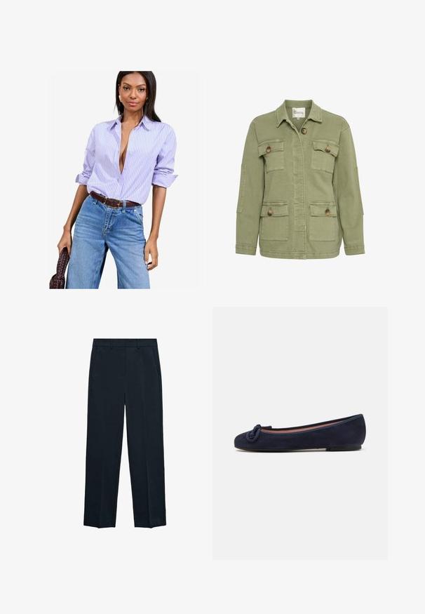 Olivgrüne Jacke aus Baumwollmischung, mit vorderem Knopfverschluss, vier Taschen und einem klassischen Kragen. Strukturiertes Stofffinish.; Lavendel- und weiß gestreiftes Button-up-Hemd mit hochgekrempelten Ärmeln, getragen zu hochtaillierten blauen Jeans und einem braunen Gürtel.; Marineblaue Hosen mit geradem Bein, flachem Bund, zwei seitlichen Taschen und einer glatten Textur. Keine sichtbaren Muster oder Akzente.; Marineblaue Wildleder-Balletschuhe mit abgerundeter Spitze und knotenförmigem Akzent an der Spitze. Niedrige, flexible Sohle für den Komfort. Einfaches und schnörkelloses Design.
