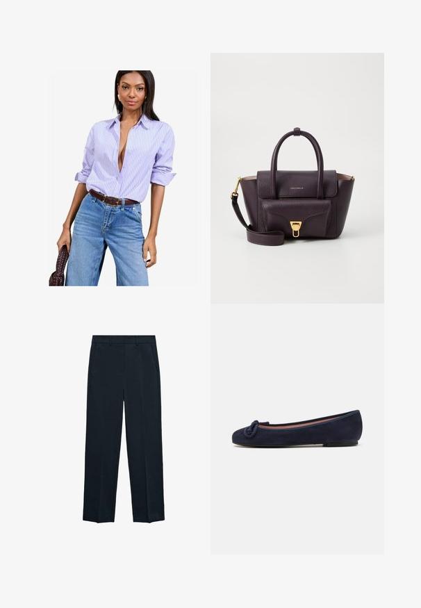 Olivově zelená bunda vyrobená z bavlněné směsi, s předním zapínáním na knoflíky, čtyřmi kapsami a klasickým límcem. Texturovaný povrch látky.; Košile s pruhy levandulové a bílé barvy, s ohrnutými rukávy, nošená s vysokými modrými džíny a hnědým opaskem.; Námořnické modré kalhoty s rovnými nohavicemi, plochým předním dílem, dvěma bočními kapsami a hladkým povrchem. Bez viditelných vzorů nebo akcentů.; Námořnické modré semišové baleríny s oblečenou špičkou a uzlovým akcentem na špici. Nízká, flexibilní podrážka pro pohodlí. Jednoduchý a zjednodušený design.; Fialová kožená kabelka s strukturovaným designem, vrchními uchy, odnímatelným popruhem a zlatými kovovými detaily. Uzavření na klopu s logem.