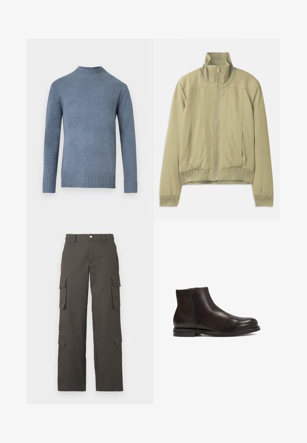 Světle zelená bunda s vysokým límcem, zipovým uzávěrem, elastickými manžetami a přiléhavým pasem. Hladká látka s jemnými švy.; Modrý pletený svetr s dlouhými rukávy a žebrovaným stojáčkem, manžetami a spodním lemem, vystavený na bílém pozadí.; Bílá bavlněná tričko s krátkým rukávem, kulatým výstřihem a hladkou texturou. Žádné vzory ani akcenty nejsou viditelné.; Tmavě šedé cargo kalhoty rovného střihu s zapínáním na knoflík a čtyřmi klopovými kapsami, dvě na stehnech a dvě poblíž lýtek.; Černá kožená kotníková bota s hladkým povrchem, zaoblenou špičkou a nízkým podpatkem. Obsahuje boční zip pro snadné obouvání.