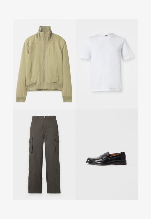 Hellgrüne Jacke mit hohem Kragen, Reißverschluss, elastischen Bündchen und einem taillierten Saum. Glattes Material mit subtilen Nähten.; Weißes Baumwoll-T-Shirt mit kurzen Ärmeln, Rundhalsausschnitt und glatter Textur. Keine Muster oder Akzente sind sichtbar.; Dunkelgraue gerade Cargo-Hosen mit Knopfverschluss und vier Klappentaschen, zwei an den Oberschenkeln und zwei nahe den Waden.; Schwarzer Lederloafer mit runder Zehenform, hervorgehobenem Steppdetail auf dem Spann und niedrigem, gestapeltem Absatz. Glatte Textur und formelles Design.