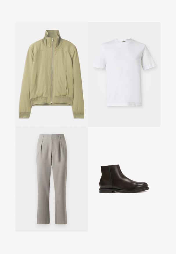 Giacca verde chiaro con colletto alto, chiusura con zip, polsini elasticizzati e vita aderente. Tessuto liscio con dettagli di cucitura sottili.; T-shirt bianco in cotone con maniche corte, scollatura rotonda e una texture liscia. Non sono visibili motivi o accenti.; Pantaloni grigi su misura con una texture liscia, caratterizzati da pieghe davanti, passanti per cintura e gambe dritte. Il materiale sembra strutturato e leggero.; Stivale alla caviglia in pelle nera con una superficie liscia, punta arrotondata e tacco basso. Presenta una zip laterale per indossarlo facilmente.