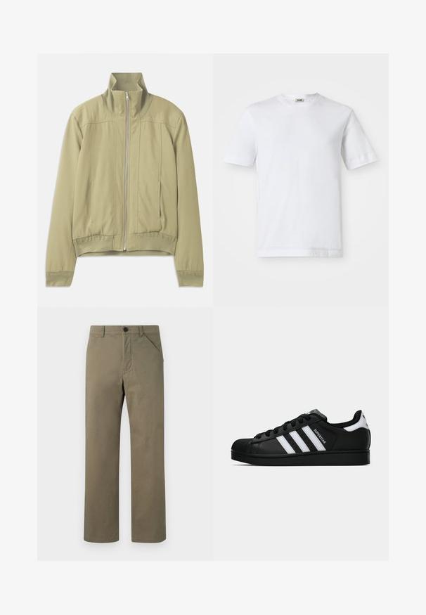 Světle zelená bunda s vysokým límcem, zipovým uzávěrem, elastickými manžetami a přiléhavým pasem. Hladká látka s jemnými švy.; Bílá bavlněná tričko s krátkým rukávem, kulatým výstřihem a hladkou texturou. Žádné vzory ani akcenty nejsou viditelné.; Svetlé olivově zelené kalhoty vyrobené z hladké a pevné látky. Mají zapínání na knoflík a zip, postranní kapsy a rovný střih nohavic.; Černé tenisky Adidas Superstar se bílými pruhy, špičkou ve tvaru skořápky a textem "Superstar" na boku, zobrazené v bočním profilu na bílém pozadí.
