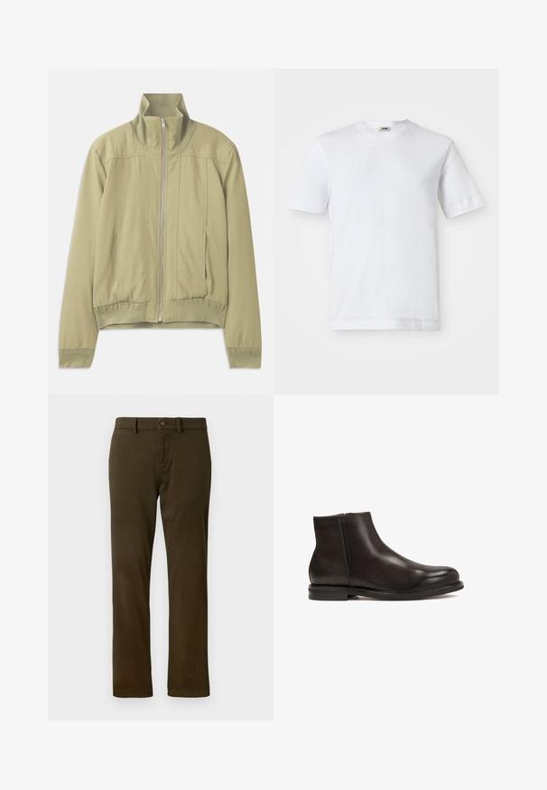 Jachetă verde deschis cu guler înalt, închidere cu fermoar, manșete elastice și talie ajustată. Material neted cu detalii fine de cusătură.; Tricou alb din bumbac, cu mâneci scurte, guler rotund și textură netedă. Nu sunt vizibile modele sau accente.; Pantaloni chino de culoare verde închis, cu o croială clasică, bucle pentru curea și închidere frontală cu nasture. Material neted, texturat, cu picioare drepte.; Botine negre din piele cu o textură netedă, vârf rotund și toc mic. Au un fermoar lateral pentru a fi ușor de purtat.