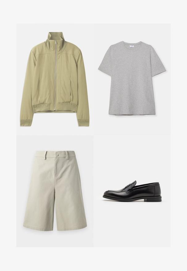 Gaiši zaļa jaka ar augstu apkakli, ar rāvējslēdzēju, elastīgām piedurknēm un pieguļošu jostasvietu. Gluda auduma virsma ar smalkiem izšuvumiem.; Pelēks īsā piedurkņu T-krekls, kas izgatavots no mīkstas, teksturētas auduma. Tam ir klasiskā apļa kakla izgriezums un taisna apakšmalā, piemērots ikdienas valkāšanai.; Gai bēškrāsas šorti, kas izgatavoti no kokvilnas, ar taisnu griezumu, priekšējām kabatām, pogu aizdari un gludu tekstūru.; Melnas ādas kurpes ar gludu tekstūru, noapaļu purngalu un dekoratīvu siksniņu pāri priekšpusei. Zems sakrauts papēdis, minimālisma dizains.