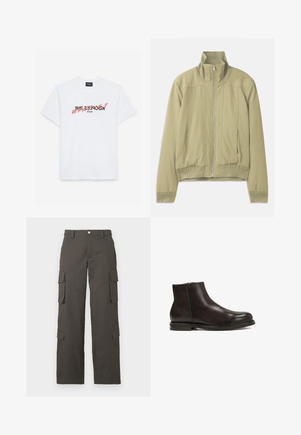 Világoszöld dzseki magas gallérral, cipzáras záródással, rugalmas mandzsettákkal és testhezálló derékrésszel. Simább anyag, finom varrási részletekkel.; Fehér, rövid ujjú pamut póló, fekete és korall grafikával díszítve. A szövegben ez áll: "A KOOPLES? MI?" és "PÁRIZS."; Sötétszürke egyenes szárú cargo nadrág gombos záródással és négy hajtókás zsebbel, kettő a combon és kettő a vádlinál.; Fekete bőr bokacsizma sima textúrával, kerek orral és alacsony sarokkal. Oldalsó cipzárral rendelkezik a könnyű felvétel érdekében.