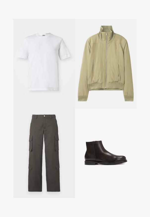 Hellgrüne Jacke mit hohem Kragen, Reißverschluss, elastischen Bündchen und einem taillierten Saum. Glattes Material mit subtilen Nähten.; Weißes Baumwoll-T-Shirt mit kurzen Ärmeln, Rundhalsausschnitt und glatter Textur. Keine Muster oder Akzente sind sichtbar.; Dunkelgraue gerade Cargo-Hosen mit Knopfverschluss und vier Klappentaschen, zwei an den Oberschenkeln und zwei nahe den Waden.; Schwarze Leder-Ankle-Boots mit glatter Textur, runder Zehenform und niedrigem Absatz. Verfügt über einen seitlichen Reißverschluss für einfaches An- und Ausziehen.