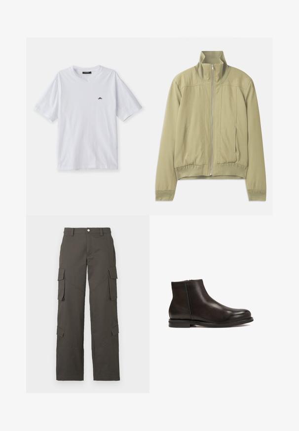 Světle zelená bunda s vysokým límcem, zipovým uzávěrem, elastickými manžetami a přiléhavým pasem. Hladká látka s jemnými švy.; Bílá bavlněná tričko s kulatým výstřihem a krátkými rukávy, s malým černým logem na hrudi. Hladká textura a volný střih.; Tmavě šedé cargo kalhoty rovného střihu s zapínáním na knoflík a čtyřmi klopovými kapsami, dvě na stehnech a dvě poblíž lýtek.; Černá kožená kotníková bota s hladkým povrchem, zaoblenou špičkou a nízkým podpatkem. Obsahuje boční zip pro snadné obouvání.