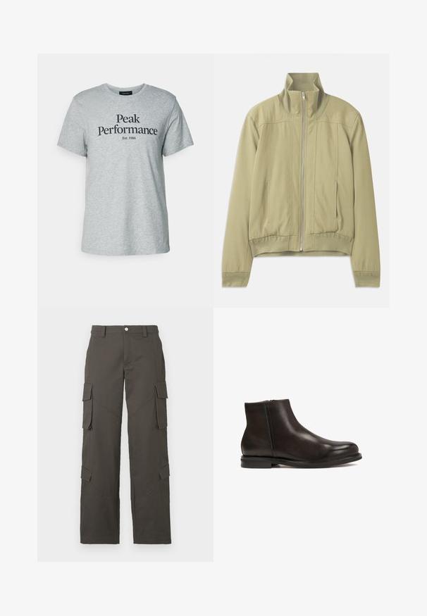 Heled roheline jope kõrge kraega, tõmbluku sulgemine, elastsed varrukad ja sobiv talje. Sile kangas koos peente õmblusdetailidega.; Hall muutest t-särk, millel on lühikesed varrukad ja ümmargune kaelus, esiküljel must tekst, mis ütleb "Peak Performance Est. 1986".; Tumedashallased sirged cargo püksid, millel on nööbikinnitus ja neli klapptaskut, kaks reitele ja kaks säärtel.; Must tänavasaapad mustast nahast, sileda tekstuuri, ümarate varvaste ja madala kontsaga. Omab külgriivi, mis lihtsustab pealepanemist.