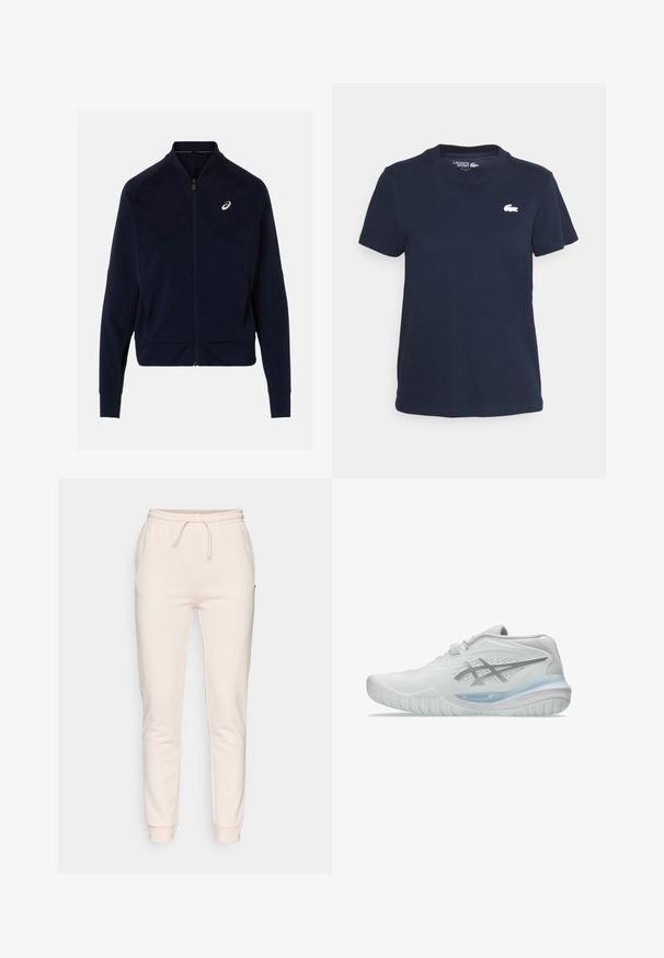 Námornícky zipsový kabát vyrobený z hladkej tkaniny, s vysokým golierom, dlhými rukávmi a bielym logom na ľavej hrudi.; Námornícka modrá bavlnená tričko s okrúhlym výstrihom a krátkymi rukávmi. Na ľavej hrudi je malá biela značka Lacoste. Mäkka textúra.; Svetloružové tepláky vyrobené z jemného materiálu, so elastickým pásom s šnúrkou, bočnými vreckami a zúženými nohavicami.; Biele športové topánky s textúrovaným zvrškom, vybavené priehľadnou modrou podrážkou a jemným šedým brandingom na boku. Zaoblená špička a nízky profil.