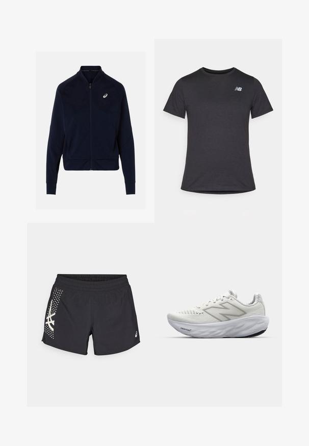 Jachetă bleumarin cu fermoar, fabricată dintr-un material neted, cu guler înalt, mâneci lungi și un logo alb pe pieptul stâng.; Tricou scurt cu mânecă neagră, fabricat dintr-un material moale, având un mic logo gri New Balance pe pieptul din stânga sus, cu un design clasic de gât.; Shorts sportive negre cu talie elastică și un logo. Pe lateral au un design cu accente albe și un model punctat.; Pantofi sport albi cu un upper din plasă, având o guleră căptușită, o talpă texturată și marca "Fresh Foam" pe midsole.