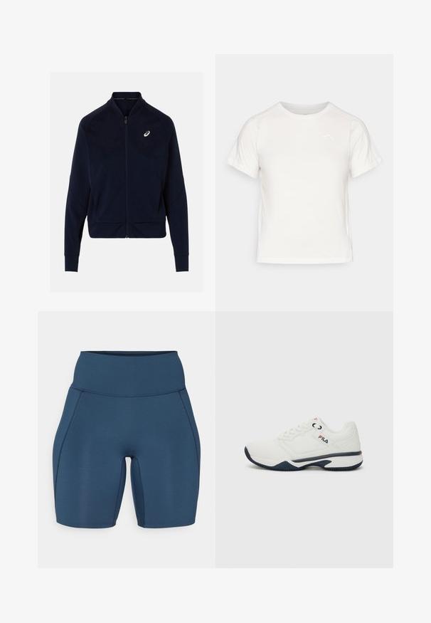 Marinblå zip-jacka i slätt tyg, med hög krage, långa ärmar och en vit logotyp på vänster bröst.; Lätt vit T-shirt med korta ärmar, rund hals och en liten logotyp i det övre vänstra hörnet. Slät tyg med en subtil lyster.; Mörkblå träningsshorts med hög midja, slät textur och platta sömmar. Har en tight passform som sträcker sig till mitten av låret.; Vit sportskor med en texturerad ovandel, marinblå detaljer på sulan och en logotyp på sidan. Har en snörningsdesign för en säker passform.