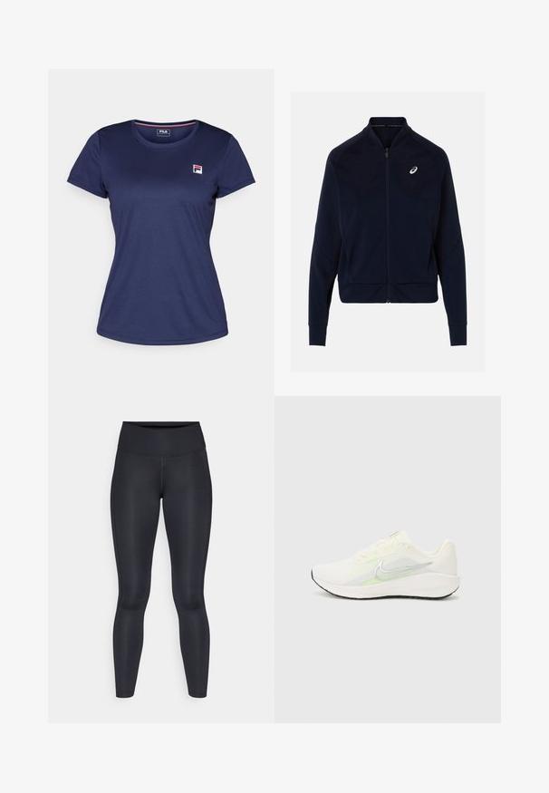 Jachetă bleumarin cu fermoar, fabricată dintr-un material neted, cu guler înalt, mâneci lungi și un logo alb pe pieptul stâng.; Tricou cu mânecă scurtă de culoare bleu marin, confecționat dintr-un material fin, având un mic logo Fila pe pieptul stâng. Guler rotund și croială clasică.; Leggings negre dintr-un material neted și elastic. Talie înaltă fără modele sau accente vizibile. Se potrivesc strâns de la talie până la glezne.; Nike Performance DOWNSHIFTER 13 - Pantofi de alergare pe asfalt - sail/silver-coloured photon dust/summit white/barely volt/black