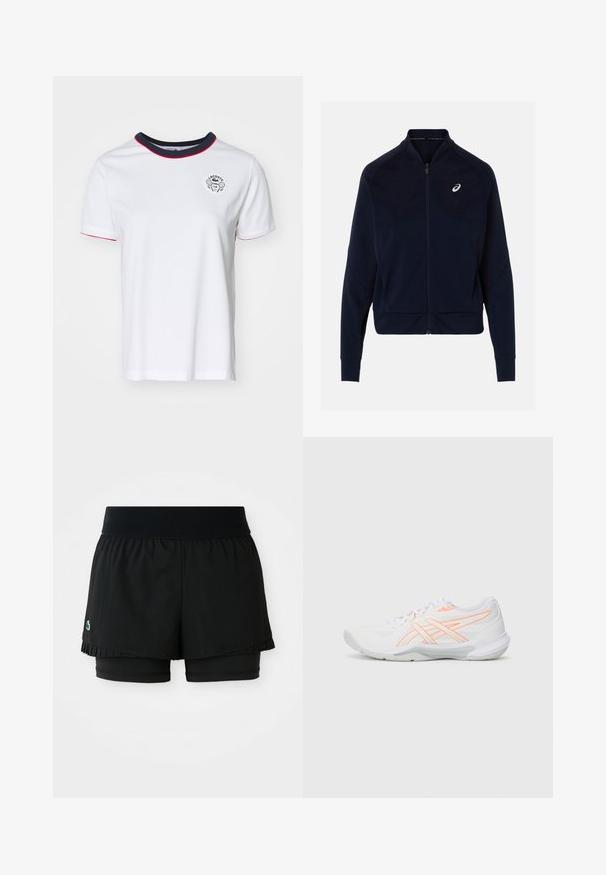 Mørkeblå genser med glidelås laget av glatt stoff, med høy krage, lange ermer, og en hvit logo på venstre bryst.; Hvit bomulls t-skjorte med rund navykant, rød trim og trykt Lacoste Tennis Club-logo på brystet. Korte ermer, vanlig passform.; Sorte idrettsshorts med en plisserte ytterlag og innvendige tettsittende shorts. Har en ribbet midjebånd for komfort og fleksibilitet.; Hvite atletiske sko med oransje detaljer, mesh tekstiloverdel, polstret krage og gummisåle. Strømlinjeformet design med pustende egenskaper.