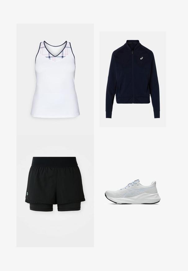 Chaqueta navy con cremallera, hecha de una tela suave, que cuenta con un alto cuello, mangas largas y un logo blanco en el lado izquierdo del pecho.; Camiseta deportiva blanca sin mangas con un escote en forma de V y un patrón de cuadros en azul marino y rojo en la parte superior. Tela suave y ligera.; Pantalones cortos deportivos negros con una capa exterior con pliegues y pantalones cortos interiores ajustados. Presenta una cinturilla acanalada para mayor comodidad y flexibilidad.; Zapatillas deportivas blancas con una parte superior de malla transpirable, acentos en azul claro, cierre con cordones, detalle de logotipo en negrita y suela texturizada para mayor agarre.