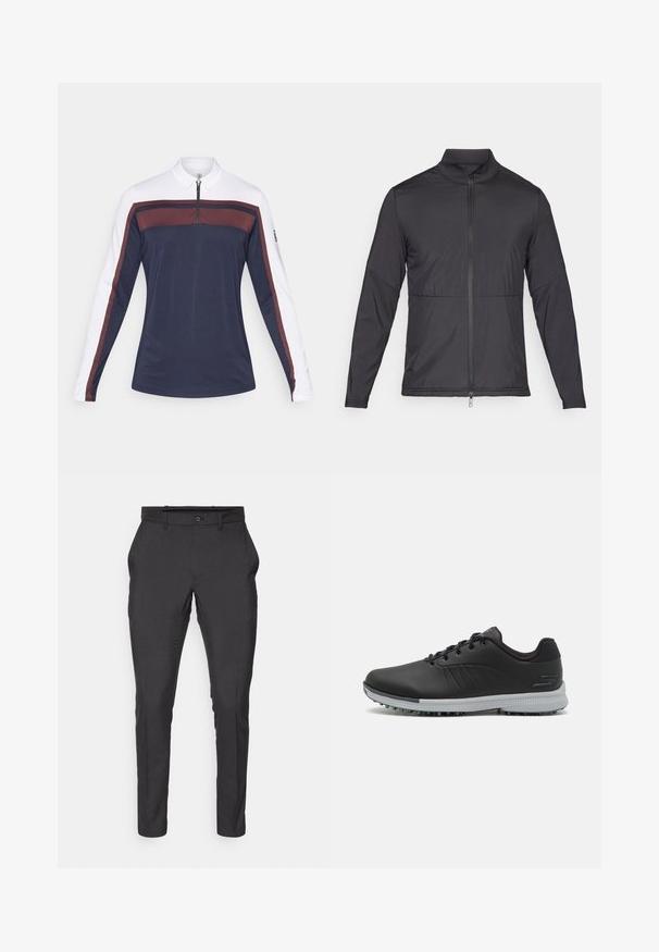 Mustassa kevyessä takissa on pystykaulus, täydellinen etuvetoketju ja elastiset hihansuut. Sujuva rakenne, jossa on hieman pehmustettua ilmettä.; Pitkähiha polo paita tummansinisellä pohjalla ja valkoisilla hihoilla, jossa on vetoketjulla suljettava kaulus ja viininpunaisia korostusviivoja rinnassa ja hihoissa.; J.LINDEBERG Sports ELOF PANT - Housut - black; Musta keinotekoinen golf-kengät, joissa on teksturoitu pinta, nauhakiinnitys ja harmaa ulkopohja, jossa on piikkejä pidon parantamiseksi.