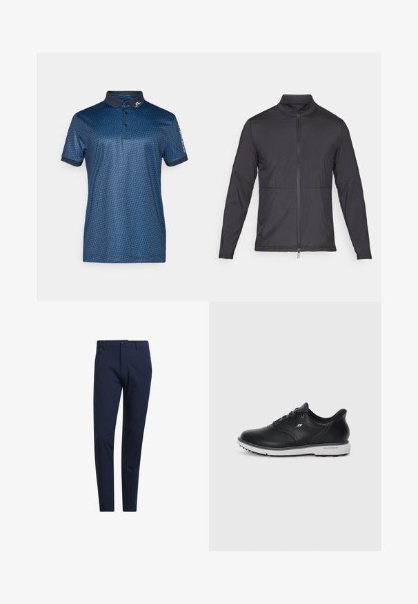 Giacca leggera nera con colletto rialzato, zip frontale completa e polsini elasticizzati. Tessuto liscio con un aspetto leggermente imbottito.; Polo shirt blu navy con un motivo geometrico, maniche corte e colletto scuro. Accentuato da un logo sul colletto e sulla manica.; Chinos blu navy con una vestibilità slim, realizzati in tessuto leggero, dotati di passanti per cintura, chiusura con bottone frontale e tasche laterali.; Sneaker nera in pelle con lacci Skechers, suola bianca, logo laterale e grip testurizzato sulla suola su sfondo chiaro uniforme.