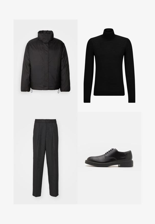 Melna pūkainā jaka ar augstu apkakli, ar rāvējslēdzēju priekšā, garām piedurknēm un elastīgām auklām apakšā. Gluda, viegla tekstūra.; Melnā augstā kakla džemperis, kas izgatavots no mīksta materiāla, ar garām piedurknēm un pieguļušu piegriezumu. Ribota apdare ap apakšu un piedurknēm. Vienkāršs dizains.; Melnas bikses ar elastīgu jostas daļu un pogu aizdari, ar smalku rakstainu tekstūru, kas iet pa auduma virsmu.; Melna āda sašūta kurpe ar noapaļotu purngalu, gludu tekstūru, minimālu šuvju skaitu un zemu gumijas papēdi. Logo uz papēža.