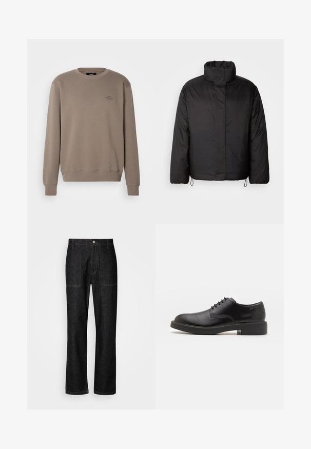 Fekete puffernadrág magas gallérral, cipzáras elülső résszel, hosszú ujjakkal és elasztikus húzózsinórokkal az alján. Simaszerű, könnyű anyag.; Mads Nørgaard STANDARD CREW LOGO - Melegítőfelső - bungee cord; Fekete farmernadrág, egyenes lábakkal, látható varrással és elülső gombzárral. Két oldalsó zsebbel és két hátsó zsebbel rendelkezik.; Fekete bőrcipő, kerek orrú, sima felületű, minimális varrással és alacsony gumitalppal. Logó a sarokrészen.