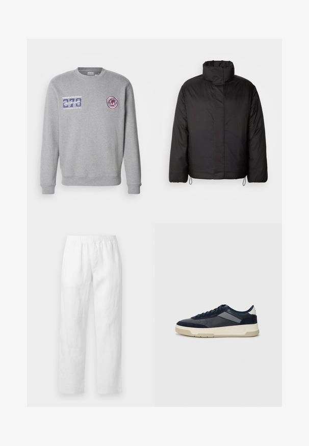 Czarna kurtka puchowa z wysokim kołnierzem, zamkiem błyskawicznym z przodu, długimi rękawami i elastycznymi sznureczkami na dole. Gładka, lekka tekstura.; Szara bluza z okrągłym dekoltem, z grafiką w postaci logo oraz okrągłą naszywką na piersi. Wykonana z miękkiego, lekko fakturowanego materiału.; Białe lniane spodnie z elastycznym pasem, prostym krojem nogawki i miękką fakturą, bez widocznych wzorów czy elementów metalowych.; BOSS BALTIMORE niebieski