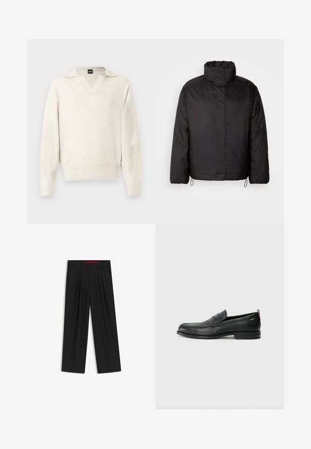 Black puffer jacket with high collar, zippered front, long sleeves, and elastic drawstrings at the hem. Smooth, lightweight texture.; White knit sweater with a V-neck and short collar, featuring a loose fit, ribbed cuffs, and hem for added texture and detail.; Black wide-leg trousers with a flat front, two side pockets, pleated design, and a contrasting red interior waistband.; Black leather loafers with a textured front panel and smooth sides. Features a slim heel and rear loop for easy wear. Classic design.