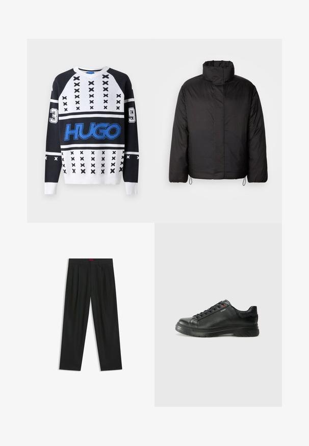 Black puffer jacket with high collar, zippered front, long sleeves, and elastic drawstrings at the hem. Smooth, lightweight texture.; Black and white knitted sweater featuring a v-neck, blue "HUGO" logo, and numeric accents "3" and "9" with cross patterns.; Black trousers with a pleated design, wide leg shape, and a smooth texture. Features a red waistband tag.; Black leather sneaker with textured upper, padded collar, and red logo detail. Features a thick rubber sole with distinct tread pattern.