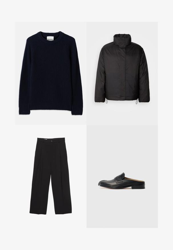 Černá péřová bunda s vysokým límcem, zapínáním na zip, dlouhými rukávy a elastickými stahovacími šňůrami na spodním lemu. Hladký, lehký materiál.; Námořnická modrá žebrovaná pletená svetr s kulatým výstřihem a dlouhými rukávy. Má rovný lem a texturovaný vzor po celém povrchu.; Černé kalhoty širokého střihu vyrobené z hladké látky, s plochým pasem, předními záhyby a jedním knoflíkem na zapínání.; Černá kožená slip-on obuv s kulatou špičkou, nízkým blokovým podpatkem a předním páskem. Hladký povrch s jemným logem na pásku.
