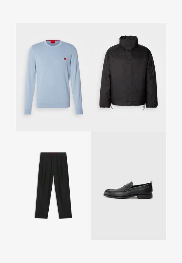 Giacca a vento nera con colletto alto, chiusura lampo frontale, maniche lunghe e cordini elastici all'orlo. Tessuto liscio e leggero.; Maglione azzurro chiaro realizzato in morbido materiale a maglia, con scollatura a girocollo e maniche lunghe. Include una piccola toppa rossa con logo sul petto.; Pantaloni neri con un design plissè, forma a gamba larga e texture liscia. Presentano un'etichetta rossa in vita.; Mocassini in pelle nera con un pannello anteriore testurizzato e lati lisci. Presentano un tacco sottile e un anello sul retro per una vestibilità facile. Design classico.