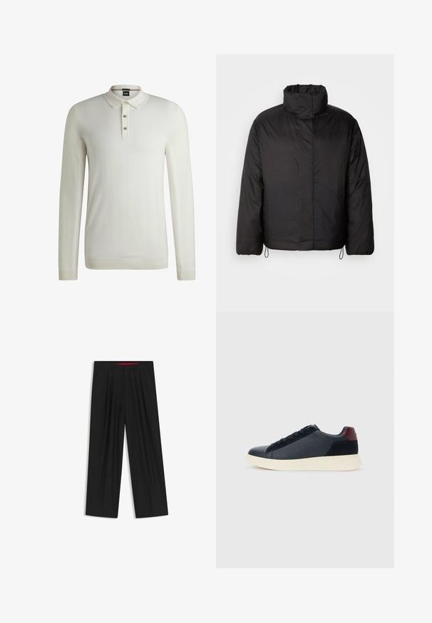 Black puffer jacket with high collar, zippered front, long sleeves, and elastic drawstrings at the hem. Smooth, lightweight texture.; BOSS Jumper - open white eleven; Black wide-leg trousers with a flat front, two side pockets, pleated design, and a contrasting red interior waistband.; Low-top men's sneaker in black leather and suede with maroon heel tab and white rubber sole, viewed from the outer side.