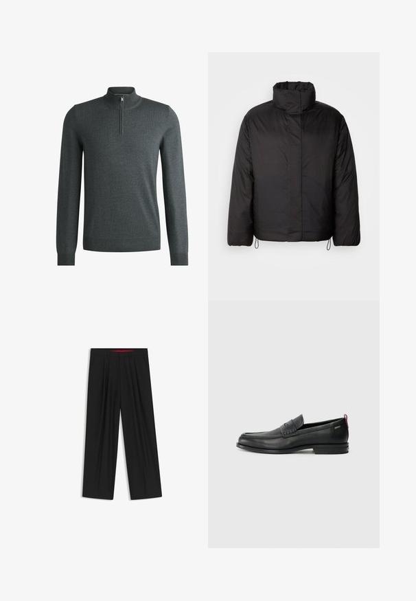 Svart pufferjacka med hög krage, dragkedja framtill, långa ärmar och elastiska snoddar vid fållen. Slät, lätt textur.; Mörkgrå stickad tröja med halvdragkedja i kragen, ribbade ärmslut och nederkant. Tillverkad av ett mjukt, stickat tyg med lätt textur.; Svarta vida byxor med slät front, två sidofickor, veckad design och en kontrasterande röd midjeresår.; Svarta läderloafers med en texturerad frontpanel och släta sidor. Utrustade med en smal klack och en bakre ögla för enkel påtagning. Klassisk design.