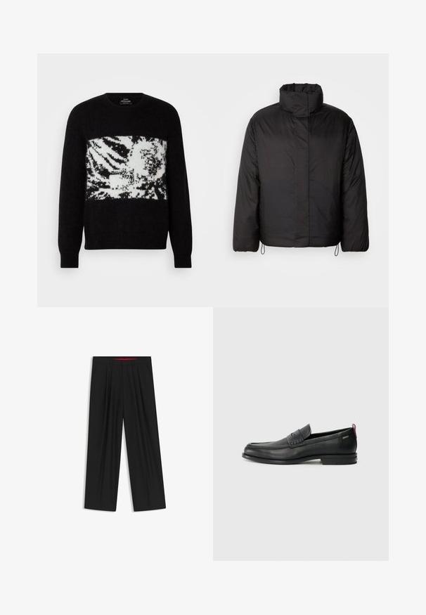 Black puffer jacket with high collar, zippered front, long sleeves, and elastic drawstrings at the hem. Smooth, lightweight texture.; Black sweater with a white, abstract zebra pattern across the chest. Made of soft material with ribbed cuffs and rounded neckline.; Black wide-leg trousers with a flat front, two side pockets, pleated design, and a contrasting red interior waistband.; Black leather loafers with a textured front panel and smooth sides. Features a slim heel and rear loop for easy wear. Classic design.