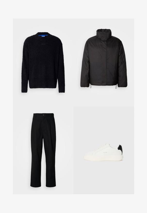 Jachetă puffer neagră cu guler înalt, față cu fermoar, mâneci lungi și șnururi elastice la tiv. Textură netedă și ușoară.; Pulover negru realizat dintr-un material tricotat texturat, având un guler rotund, mâneci lungi și manșete și tiv ribbate. Branding subtil pe piept.; Pantaloni negri cu croială dreaptă, cu talie cu nasturi, bucle pentru curea și cute pe față, prezentati pe un fundal alb simplu.; Tenisici din piele alba cu un acccent negru pe toc, avand varf rotund, sireturi plate si o talpa alba groasa. Logo-ul Calvin Klein este afisat.