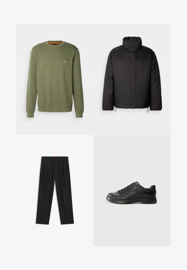 Giacca a vento nera con colletto alto, chiusura lampo frontale, maniche lunghe e cordini elastici all'orlo. Tessuto liscio e leggero.; BOSS WESTART - Felpa - open green; Pantaloni neri con un design plissè, forma a gamba larga e texture liscia. Presentano un'etichetta rossa in vita.; Sneaker nera in pelle con superficie testurizzata, collo imbottito e dettaglio logo rosso. Presenta una suola in gomma spessa con un motivo di battistrada distintivo.