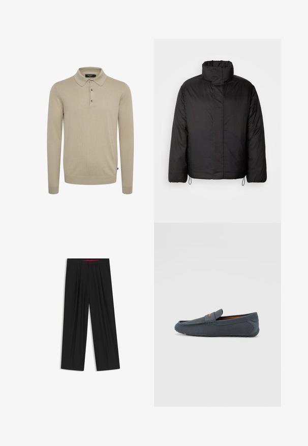Giacca a vento nera con colletto alto, chiusura lampo frontale, maniche lunghe e cordini elastici all'orlo. Tessuto liscio e leggero.; Polo a maniche lunghe in tessuto a maglia beige chiaro, caratterizzato da un colletto classico, patta con tre bottoni e polsini a coste.; Pantaloni neri a gamba larga con fronte piatto, due tasche laterali, design plissettato e un elastico in vita di colore rosso a contrasto.; Mocassini grigi perforati con design slip-on, caratterizzati da un accento arancione, punta arrotondata e suola in gomma testurizzata.