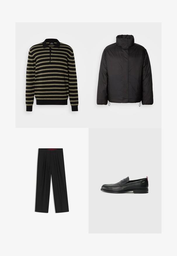 Black puffer jacket with high collar, zippered front, long sleeves, and elastic drawstrings at the hem. Smooth, lightweight texture.; Black and olive green striped sweater with a polo collar, three-button placket, and ribbed cuffs and hem. Soft fabric texture.; Black wide-leg trousers with a flat front, two side pockets, pleated design, and a contrasting red interior waistband.; Black leather loafers with a textured front panel and smooth sides. Features a slim heel and rear loop for easy wear. Classic design.