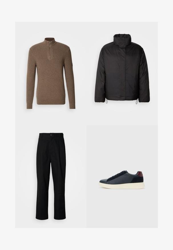 Fekete puffernadrág magas gallérral, cipzáras elülső résszel, hosszú ujjakkal és elasztikus húzózsinórokkal az alján. Simaszerű, könnyű anyag.; Barna bordázott pulóver fél cipzárral és hosszú ujjal. Az anyag lágy tapintású, textúrált felülettel és finom színváltozatokkal rendelkezik.; Fekete egyenes szabású nadrág gombos derékkal, övrutakkal és elülső gyűrődéssel, egy sima fehér háttér előtt.; Fekete bőr és velúr alacsony szárú férfi sneaker, bordó sarokpanellel és fehér gumi talppal, oldalnézetből.