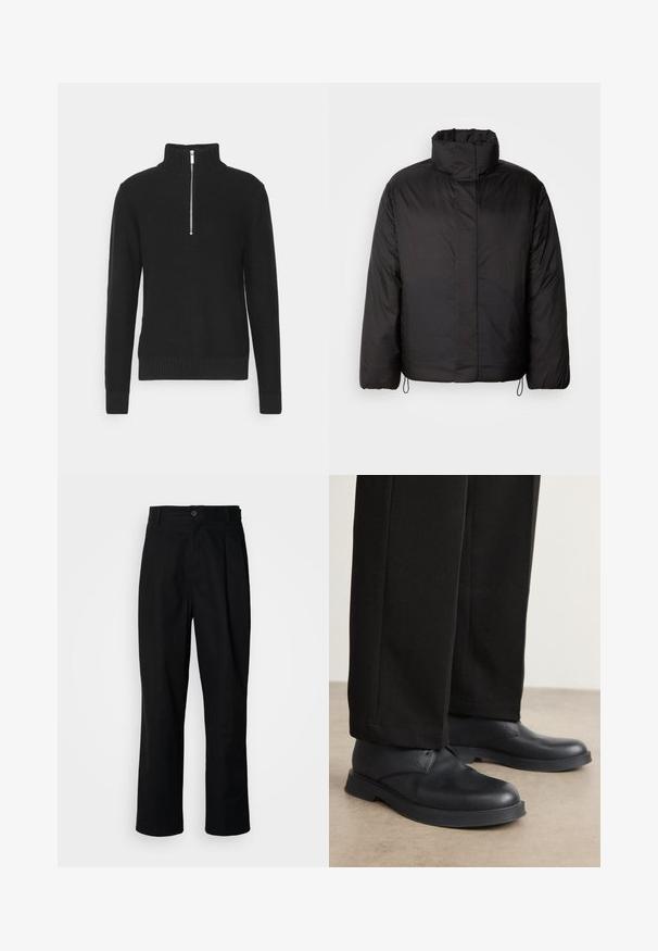 Juodas pūkinis švarkas su aukštu apykakle, užtrauktuku priekyje, ilgomis rankovėmis ir elastingais raišteliais hemėje. Lygus, lengvas tekstūras.; Juodas megztinis su aukštu apykakle, užtrauktuku, raukšlėtais rankogaliais ir apatine dalimi, pasižymintis lygiu paviršiumi ir prigludusia siluetu.; Juodas tiesus kojų kelnes su sagomis juosmenyje, diržo kilpomis ir priekine raukšle, parodytas prieš paprastą baltą foną.; Juodos odinės batai su apvaliu pirštu, plokščiu padu ir minimaliais dekorais. Suderinti su pritaikytomis juodomis kelnėmis, rodančiomis lygų tekstūrą.