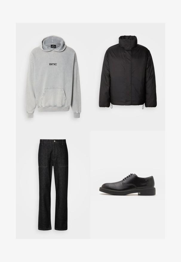 Czarna kurtka puchowa z wysokim kołnierzem, zamkiem błyskawicznym z przodu, długimi rękawami i elastycznymi sznureczkami na dole. Gładka, lekka tekstura.; Jasnoszara bluza z kapturem, kieszenią z przodu, ściągaczami przy mankietach i dolnym wykończeniu; na klatce piersiowej czarny nadrukowany logo "mnc". Wykonana z bawełny.; Czarne dżinsowe spodnie z prostą nogawką, widocznym przeszyciem i zapięciem na guziki z przodu. Zawierają dwie kieszenie boczne oraz dwie kieszenie z tyłu.; Czarny skórzany but za kostkę z okrągłym noskiem, gładką fakturą, minimalnym przeszyciem i niskim gumowym obcasem. Logo na pięcie.