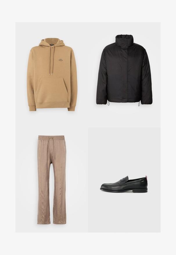 Czarna kurtka puchowa z wysokim kołnierzem, zamkiem błyskawicznym z przodu, długimi rękawami i elastycznymi sznureczkami na dole. Gładka, lekka tekstura.; Beżowa bawełniana bluza z kapturem, z kieszenią z przodu, ściągaczami na mankietach oraz małym logo na piersi. Posiada kaptur ze ściągaczem i miękką teksturę.; Jasnobrązowe, szerokie spodnie wykonane z gładkiego materiału, z elastycznym paskiem w talii i sznurkiem oraz dwoma z przodu liniami zagniecenia.; Czarne skórzane mokasyny z teksturowanym frontem i gładkimi bokami. Posiadają smukłą podeszwę i tylną pętelkę dla łatwego zakładania. Klasyczny design.