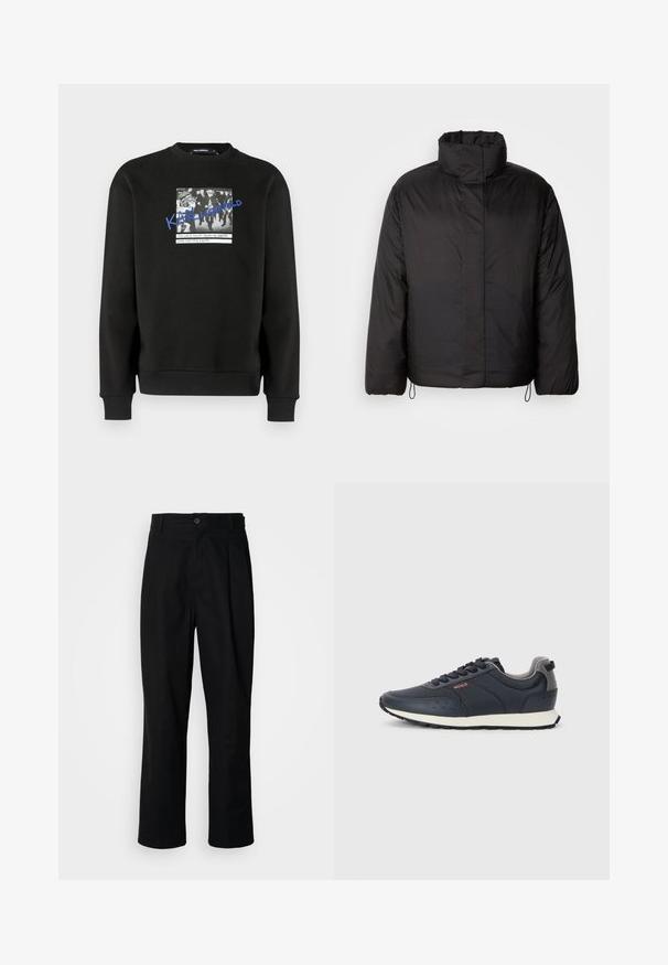 Svart dunjakke med høy krage, glidelås foran, lange ermer og elastiske snorer i kanten. Glatt, lett tekstur.; Svart genser laget av mykt stoff, med et frontmotiv av et svart-hvitt fotografi og blå tekst. Ribbestrikkede mansjetter og kant.; Sorte bukser med rette ben, med knappet liv, belteholdere og frontfold, vist mot en enkel hvit bakgrunn.; Marineblå sneakers med en glatt syntetisk overdel, rund tå, grå detaljer, snøring, og en hvit mellomsole med en teksturert svart yttersåle.