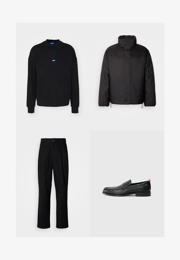 Jachetă puffer neagră cu guler înalt, față cu fermoar, mâneci lungi și șnururi elastice la tiv. Textură netedă și ușoară.; Hanorac negru cu mâneci lungi și mansete ribbate. Prezintă un mic logo albastru centrat pe piept. Fabricat dintr-un material moale.; Pantaloni negri cu croială dreaptă, cu talie cu nasturi, bucle pentru curea și cute pe față, prezentati pe un fundal alb simplu.; Loafers din piele neagră cu un panou frontal texturat și laterale netede. Dispune de un toc subțire și o buclă în spate pentru o purtare ușoară. Design clasic.