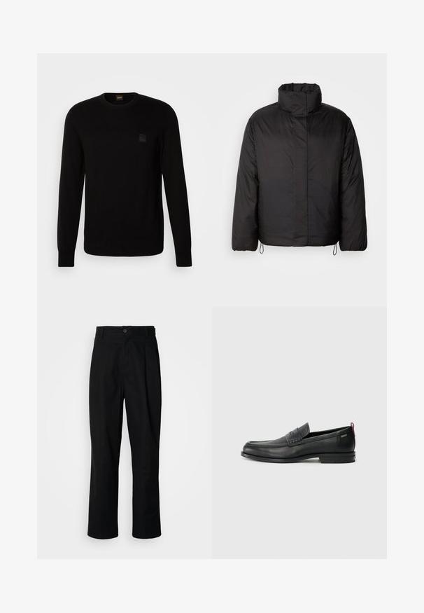 Black puffer jacket with high collar, zippered front, long sleeves, and elastic drawstrings at the hem. Smooth, lightweight texture.; Black knit sweater with long sleeves, crew neckline, and a small textured logo patch on the chest. Smooth texture throughout.; Black straight-leg trousers with a buttoned waistband, belt loops, and front crease, displayed against a plain white background.; Black leather loafers with a textured front panel and smooth sides. Features a slim heel and rear loop for easy wear. Classic design.