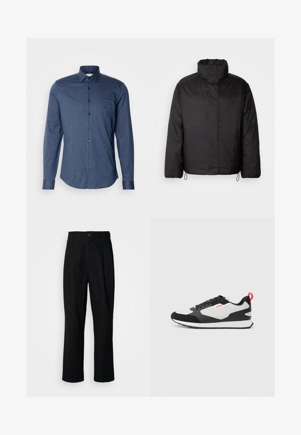 Mustapuffattu takki korkealla kauluksella, vetoketjukiinnityksellä, pitkällä hihalla ja joustavilla nyöreillä helmassa. Sujuva, kevyt rakenne.; Sininen raidallinen pitkähihaista paita, joka on valmistettu puuvillasta. Ominaisuuksiin kuuluu klassinen kaulus, nappikiinnitys ja pyöristetty helma. Rakenteellinen kangas, jossa on hienostunut kiilto.; Mustat suorat housut napillisella vyötäröllä, vyölenkeillä ja etukaanneksilla, esitelty vaaleaa taustaa vasten.; Mustat ja valkoiset lenkkitossut, joissa on samettinen ja verkkomateriaali yläosa, punainen vetotappi ja teksturoitu pohja. Nauhallinen muotoilu logo-yksityiskohdalla.