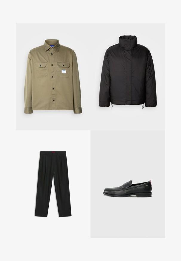 Sort puffers jakke med høj krave, lynlåslukning foran, lange ærmer og elastiske snøre i kanten. Glat, let tekstur.; Olivenfarvet skjorte med knapper, lavet af glat stof, med to brystlommer, sorte knapper og et blå- og hvidt mærke.; Sorte bukser med plisseret design, bred benform og en glat tekstur. Har et rødt taljetag.; Sorte læder loafers med en tekstureret frontpanel og glatte sider. Har en slank hæl og en bageste løkke til nem påtagning. Klassisk design.