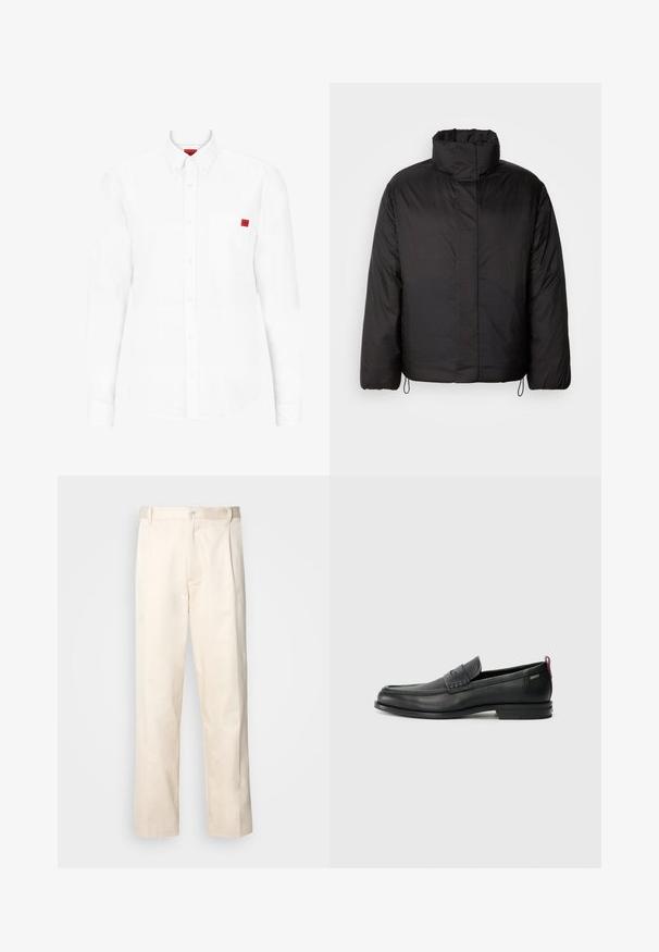 Svart dunjakke med høy krage, glidelås foran, lange ermer og elastiske snorer i kanten. Glatt, lett tekstur.; Langarmet hvit skjorte laget av bomull, med krage som kan kneppes ned, brystlomme og en liten rød logo-patch på brystet.; Beige bomullsbukser med rett benfatt, med knappelukking og folder foran for ekstra detaljer.; Svarte lær loafers med teksturert frontpanel og glatte sider. Har en slank hæl og bakløkke for enkel påkledning. Klassisk design.