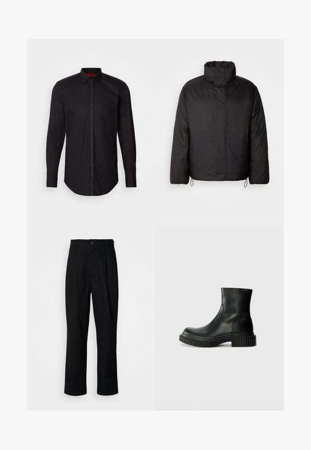 Schwarze Daunenjacke mit hohem Kragen, Reißverschluss vorne, langen Ärmeln und elastischen Kordeln am Saum. Glatte, leichte Textur.; Schwarzes Langarmshirt mit einem Frontreißverschluss, Knopfkragen und abgerundetem Saum. Glatter Stoff mit minimalen Details und einem roten Innenfutter.; Schwarze gerade geschnittene Hosen mit einem Knopfverschluss, Gürtelschlaufen und Vorderfalten, vor einem schlichten weißen Hintergrund präsentiert.; Camper PIX BERLIN - Stiefelette - black