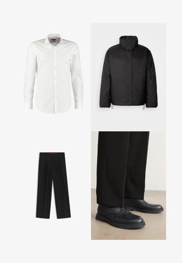 Mustapuffattu takki korkealla kauluksella, vetoketjukiinnityksellä, pitkällä hihalla ja joustavilla nyöreillä helmassa. Sujuva, kevyt rakenne.; Valkoinen pitkähihainen nappipaita, joka on valmistettu sileästä puuvillakankaasta. Ominaisuuksiin kuuluu klassinen kaulus, siisti etupaneeli ja nappirannekkeet.; Musta leveälahkeinen housu, jossa on litteä etuosa, kaksi sivupistettä, laskostettu muotoilu ja kontrastivärinen punainen vyötärön sisäosa.; Mustat nahkakengät, joissa on pyöreä kärki, litteä pohja ja minimaalinen koristelu. Yhdistettyihin korkealaatuisesti tehtyihin mustiin housuihin, jotka näyttävät sileiltä.