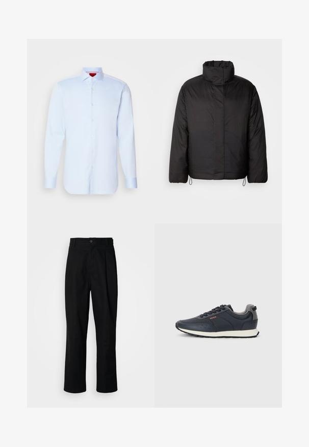 Must mustega jakk kõrge kraega, tõmblukk ees, pikad varrukad ja elastsed nöörid allääres. Siledast, kerge tekstuuriga.; Hele heles sinine pikkade varrukatega nööbitav särk, millel on laia kaeluse, ümmargune serv ja valged nööbid. Sile kangas peene sädelusega.; Mustad sirged püksid nuppudega vöökoht, vöölõngad ja eesmine voldik, esitatud lihtsa valge tausta ees.; Tumedased spordijalatsid siledast sünteetilisest materjalist, ümarate varvastega, hallide aktsentidega, nöödiga sulgemisega ning valge vahevaibaga, millel on tekstuuriga must välistald.